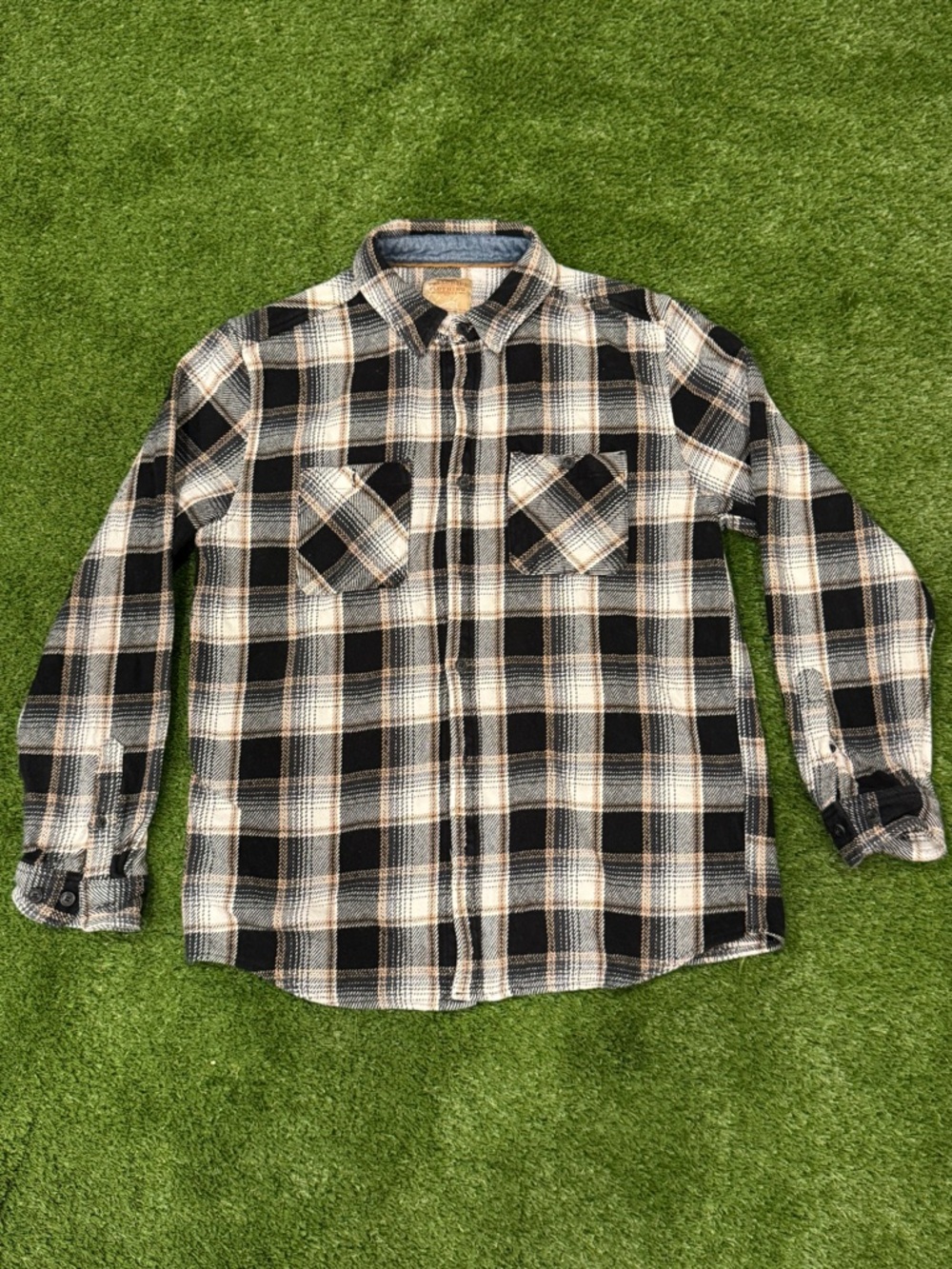 Telluride Clothing Co Men's Thick Heavy Flannel Size Large Black Tan White Plaid